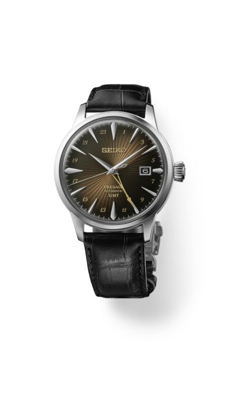 SeikoPreage Cocktail Time Stainless Steel Automatic GMT Watch With A Brown Sunl Dial, Date Display And A BlackLeather Strap