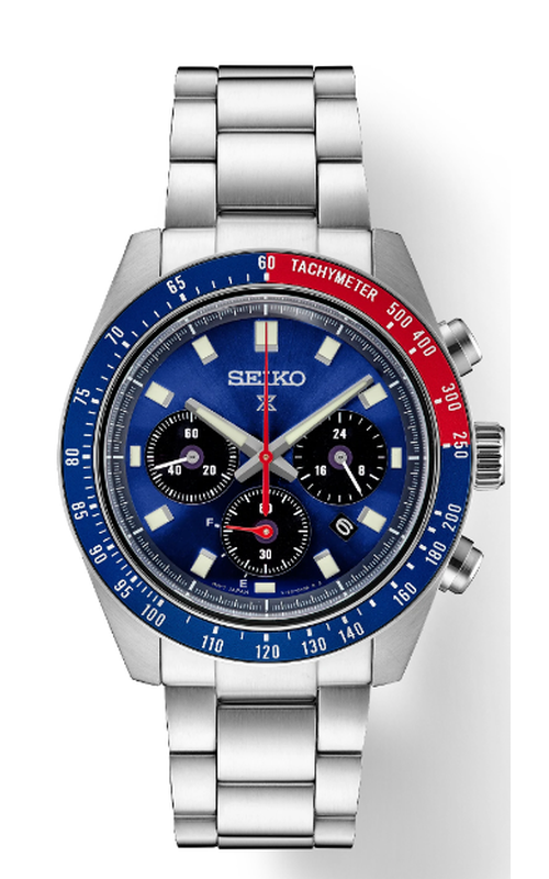 Gents Seiko Watch Stainless Steel Prospex Speedtimer Solar Chronograph, 41.4Mm Case Size, Dual-Tone Red And Blue Tachymeter Bezel, Blue Dial With Sunray Finish And Red Accents