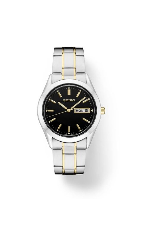 Seiko Watch With A Round Black Dial, Yellow Markers, Day/Date Function, Smooth Bezel, Tt Link Style Band