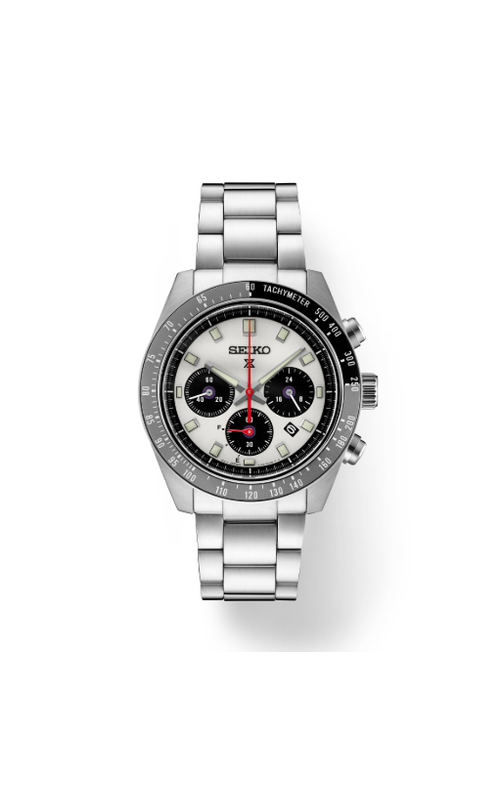 Seiko, Prospex Speedtimer Stainless Steel Watch With A Round White Chronograph Dial, Gray And Black Bezel, And Stainless Link Band