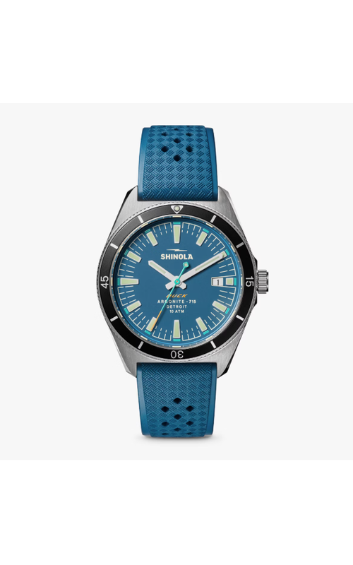Shinola 40MM Duck 3HD Watch With A Blue Dial, White Number Markers, White Hands, Date Diplay And Blue Textured Rubber Strap. Serial #S01 013 00957