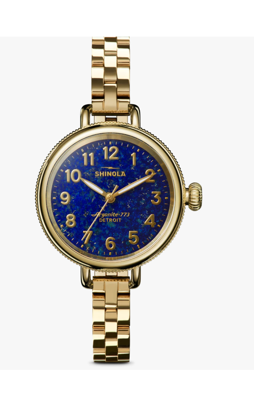 Shinola 34mm Gold Pvd Birdy 3Hd Watch With Blue Lapis Dial, Coin Edge Watch Case And Gold Pvd Link Bracelet. Serial # S01 014 00089