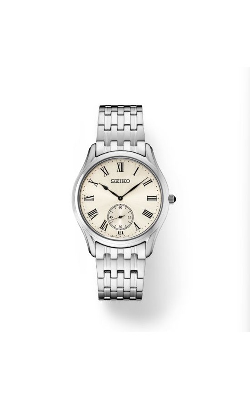 Seiko Watch From The Essentials Collection, Antique Ivory Dial, Seconds Subdial, Roman Numerals Markers, Sapphire Crystal, Case Diameter: 39mm, Stainless Steel Case And Bracelet, Water-Resistant To 5 Bar, 50 Meters (165 Feet), Caliber 6G28