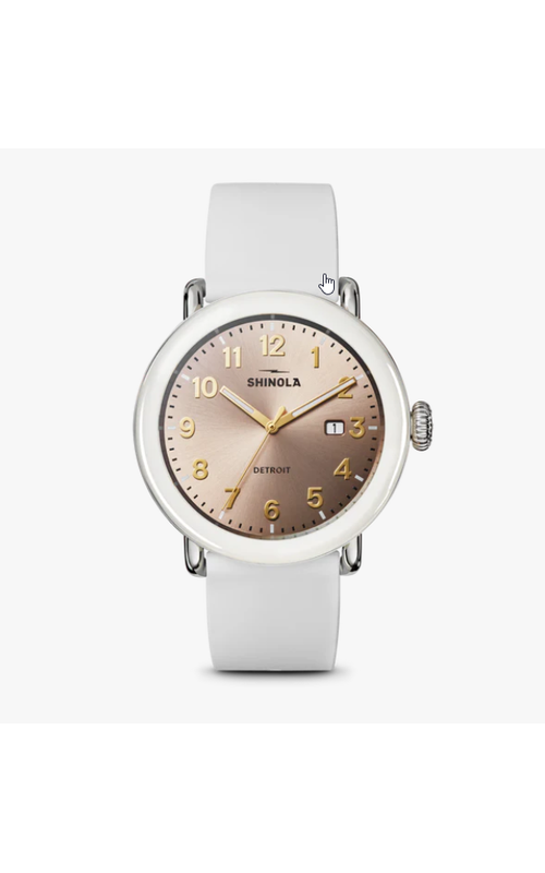Shinola Runwell Detrola 3HD Watch With A 41mm Nude Dial, Yellow Hands And Number Markers, Date Display And Cream Rubber Strap With Orange Detailing Along The Edges. S01 013 00577