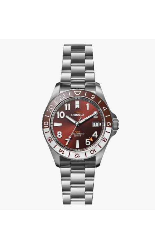 Shinola 40Mm Whiskey Brown Automatic Monster Gmt Gift Set. The Watch Features A Stainless Steel Strap And A Teak Leather Additional Strap