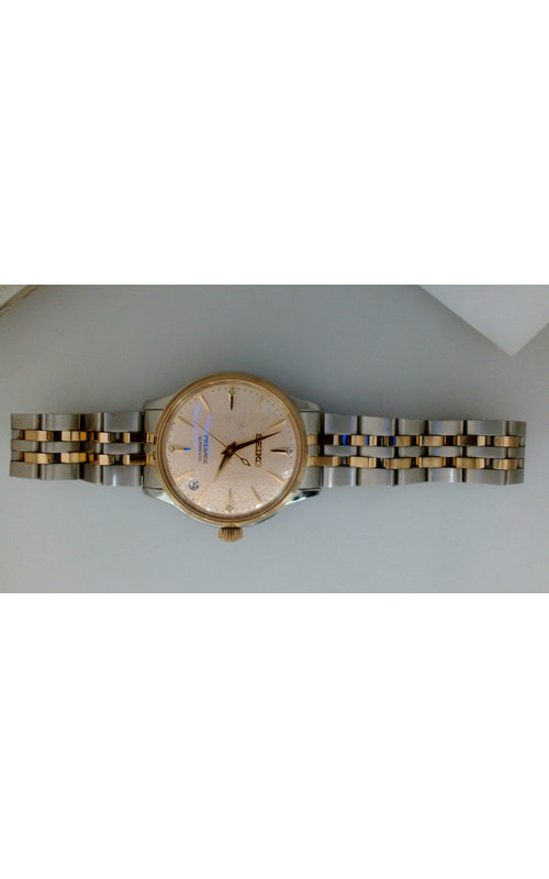 Seiko Stainless Steel Two Tone Presage Cocktail Time Midsize Automatic Watch With A Champagne Idal, Eyllow Hands And A Two Tone Link Bracelet