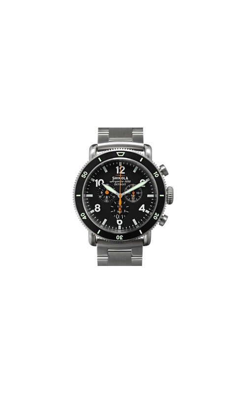 Shinola Titanium Watch, Featuring A Black Dial, White Numbers, Super-Luminova Hands, Orange Accents, Date Function, Within A 48Mm Brushed Titanium Case, A Double Curved Sapphire Crystal, Chronograph Movement, The Signature Iconic Case Is Laser Etched Wit