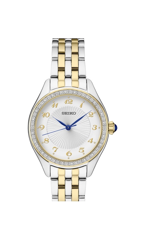 Seiko, Tt Stainless Steel Watch With A Round Silver, Texured Dial, Yellow Numbers, And A Blue Hand With A Round Crystal Bezel And A Tt Link Style Bracelet