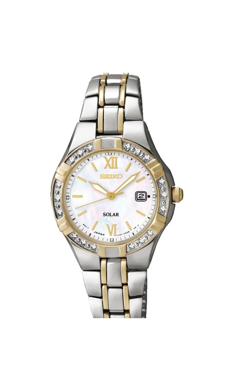 Seiko Solar, Tt Stainless Diamonds Collection Watch, With A Round Mother-of-Pearl Dial, 18 Round Brilliant Diamonds Set on the Two Tone Bezel, Date Function, Yellow Markers And Yellow And Stainless Link Style Band
