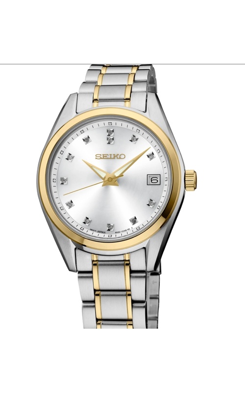Seiko, TT Stainless Diamonds Collection Watch, With A Round Silver Sunray Finish, Diamond Marker Dial, Date Function, LumiBrite Hands, Yellow Bezel, And Yellow And Stainless Link Style Band