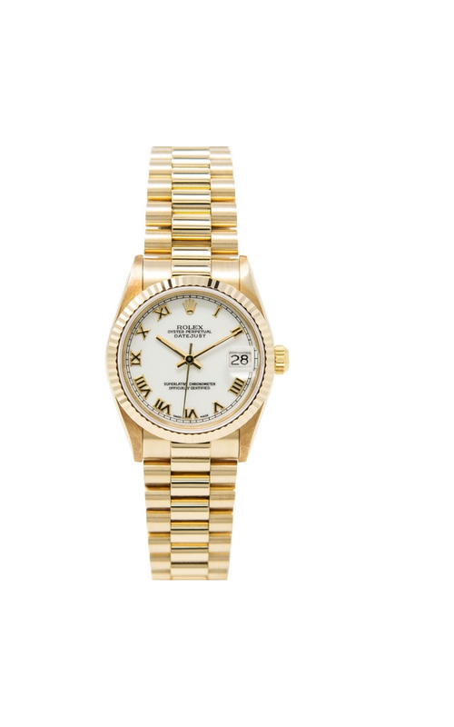 Oyster Perpetual Rolex Datejust, 31mm case size, 18 karat Yellow Gold, Presidential Bracelet, White Roman Dial, 18 karat Yellow Gold Fluted Bezel, Original Rolex Box Model #68278
