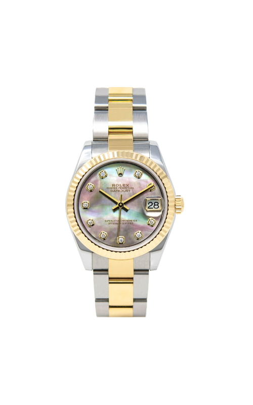 Oyster Perpetual Rolex Datejust, Stainless Steel and 18 karat Yellow Gold, 31mm case size, Oyster Bracelet, Yellow Gold Fluted Bezel, Black Mother of Pearl Diamond Dial, Original Box and Rolex Card Model #178273