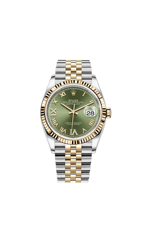 Oyster Perpetual Rolex Datejust, Stainless Steel and 18 karat Yellow Gold, 36mm case size, Yellow Gold Fluted Bezel, Jubilee Bracelet, Green Roman Numeral Diamond Dial, Original Box and Papers Model #126233