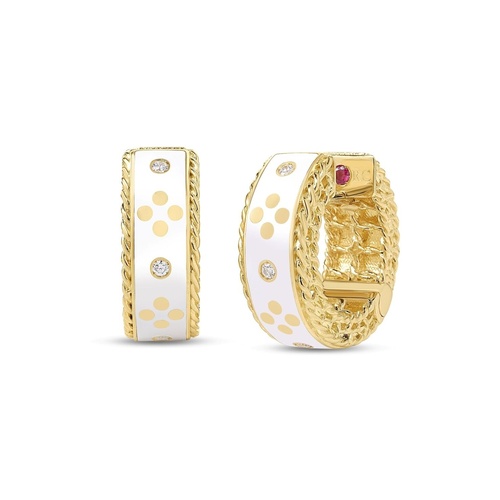 ROBERTO COIN VENETIAN PRINCESS WHITE ENAMEL AND DIAMOND HUGGIE EARRINGS
