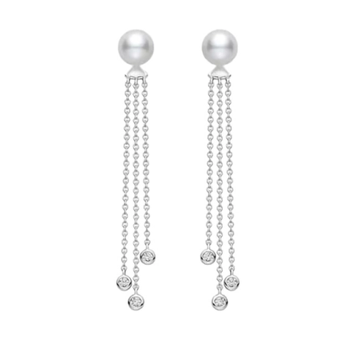 MIKIMOTO AKOYA PEARL AND DIAMOND DANGLE EARRINGS