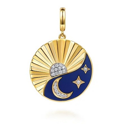 GABRIEL AND CO FASHION CONTEMPORARY DIAMOND CUT DIAMOND MEDALLION WITH CHROME BLUE ENAMEL