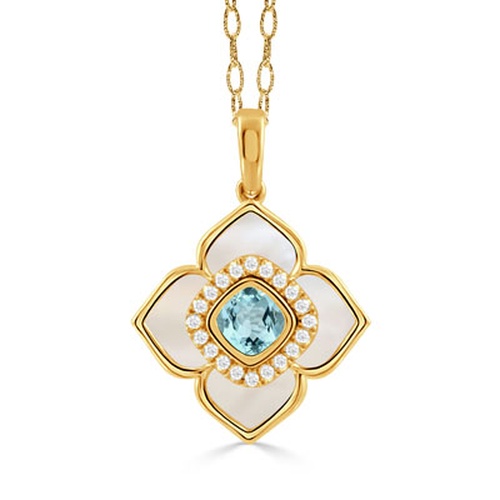 DOVES RAVENNA MOP/BLUE TOPAZ AND DIAMOND FLORAL PENDANT