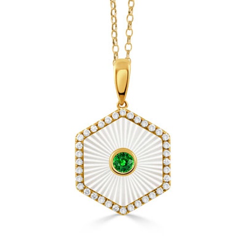 DOVES ONDELLE CARVED MOTHER OF PEARL AND DIAMOND AND TSAVORITE  PENDANT