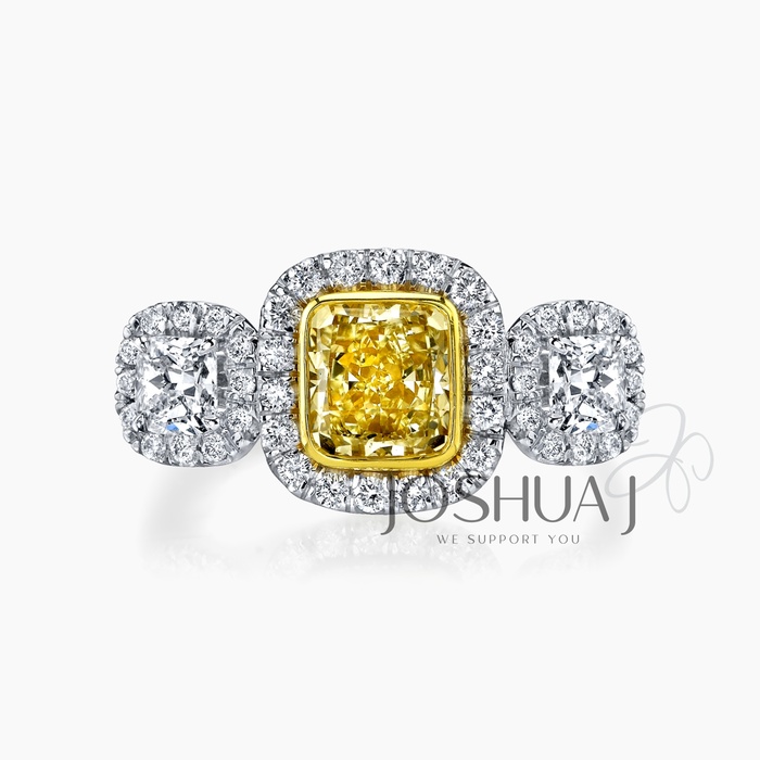 Fancy Intense Cushion Diamond Three-Stone Ring