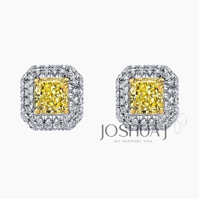 Fancy Vivid Radiant Diamond Halo Earrings