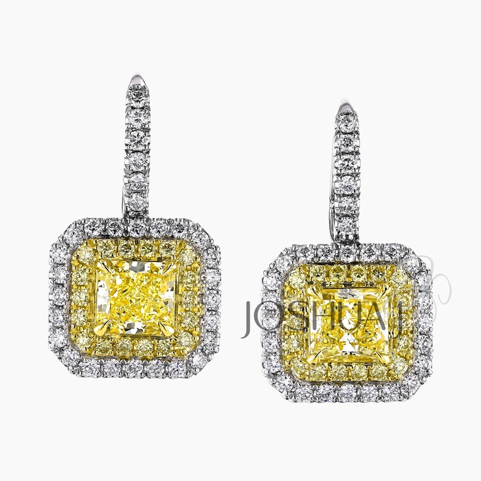 Fancy Yellow Radiant Diamond Halo Earrings