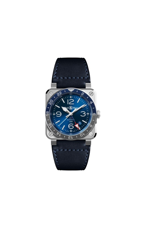 Bell & Ross 42MM Steel BR0393 GMT Blue Sunray Dial With Blue Leather Strap With Additional Black Canvas Strap
