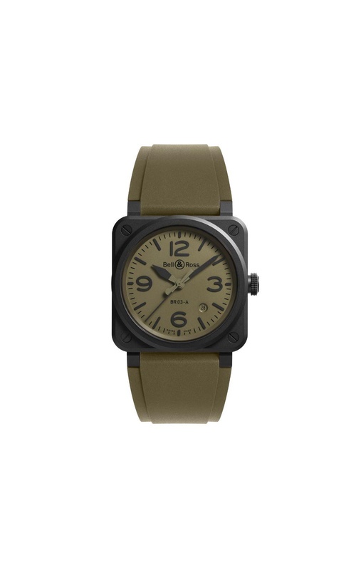 Bell & Ross 41MM BR03 Military Ceramic With Khaki Dial On a Rubber Strap With Additional Black Synthetic Strap