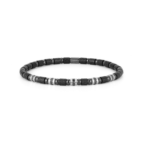 Roberto Demeglio Men's Black Carbon & 18K White Gold Five Black Diamond Section Stretch Bracelet