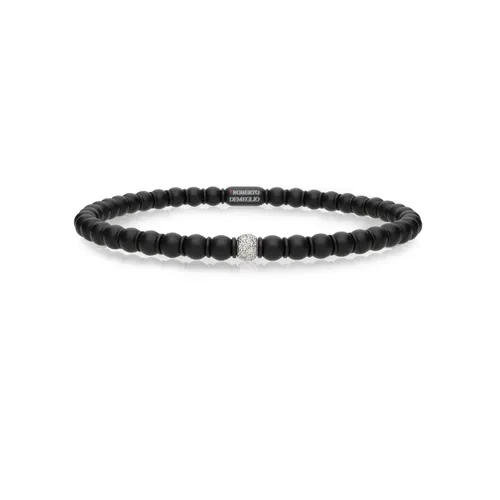 Roberto Demeglio Men's 7 Sfera Matte Black Ceramic & One 18K White Gold Small Diamond Bead Stretch Bracelet