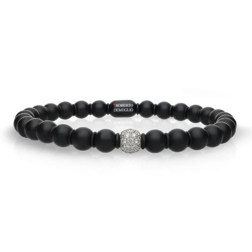 Roberto Demeglio Men's 7.5 Sfera Matte Black Ceramic & One 18K White Gold Diamond Bead Large Bead Stretch Bracelet