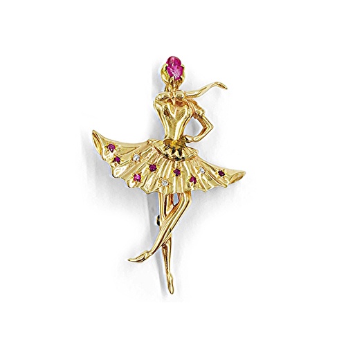 Alson Estate Collection 14K Yellow Gold Ballerina Ruby & Diamond Brooch