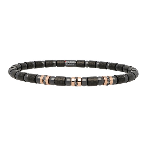 Roberto Demeglio Men's 7 Black Carbon, Black Ceramic & Three 18K Rose Gold Black Diamond Element Stretch Bracelet