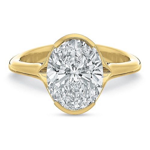 Precision Set 18K Yellow Gold Oval Cut Big & Bold Semi-Bezel Set Split Low Profile Shank Solitaire Engagement Ring, Center Stone Sold Separately