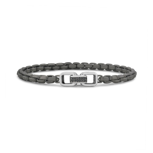 Alson Signature Collection Men's 7.5 Grey Titanium Round Box Link Stretch Bracelet with 18K White Gold Black Diamond Station