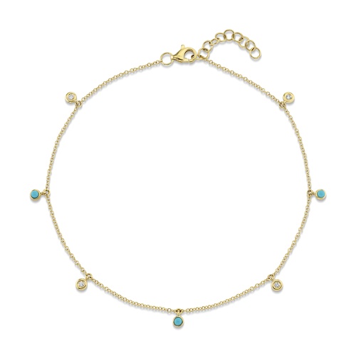 Shy Creation 14K Yellow Gold 10 Turquoise & Diamond Dangle Anklet