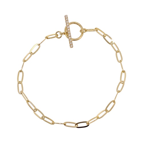 Shy Creation 14K Yellow Gold 7 Pave Diamond Paperclip Link Toggle Bracelet