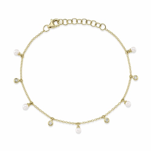 Shy Creation 14K Yellow Gold 10 Pearl & Diamond Dangle Anklet