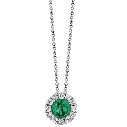Spark 18K White Gold 17 Emerald & Diamond Halo Pendant Necklace