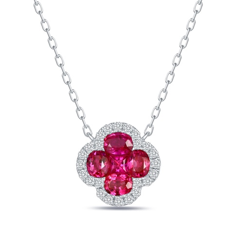Alson Signature Collection 14K White Gold 18 Ruby & Diamond Halo Clover Pendant Necklace