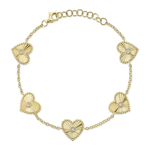 Shy Creation 14K Yellow Gold Diamond Bezel Ribbed Heart Bracelet