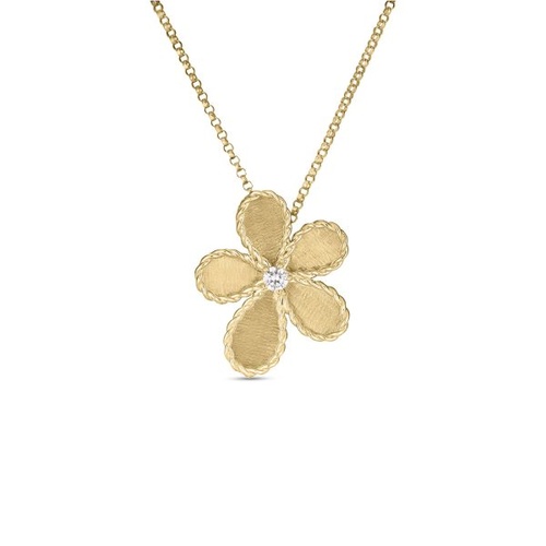 Roberto Coin 18K Yellow Gold 18 21MM Jasmine Diamond Satin Finish Flower Pendant Necklace