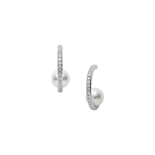 Mikimoto 18K White Gold 7.5MM Pearl & Diamond Hoop Earrings