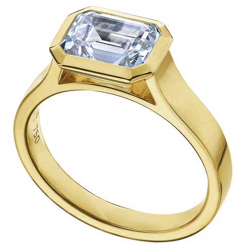 Mark Patterson 18K Yellow Gold East-West Bezel Set Emerald Cut Flat Edge Cathedral Solitaire Engagement Ring, Center Stone Sold Separately