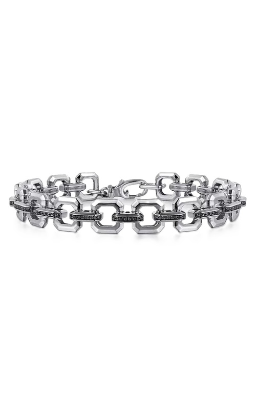 Sterling Silver Men's Link Chain Tennis Bracelet with Black Spinel Connectors