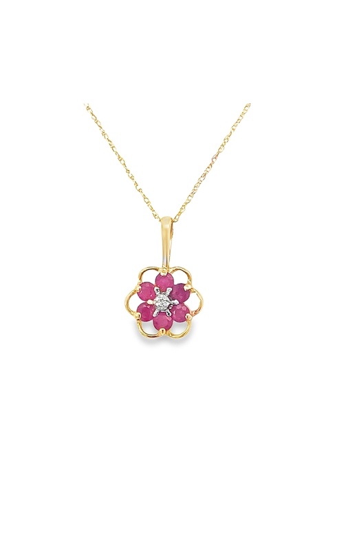 Estate 10k Yellow Gold Ruby Flower Pendant w/Chain