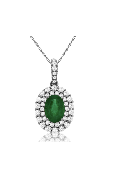 14K White Gold Oval Emerald & Diamond Double Halo Pendant