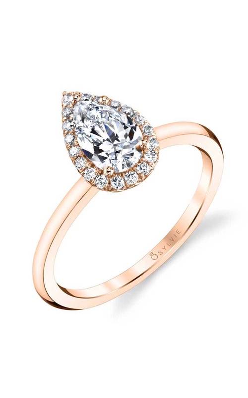 Sylvie Elsie Collection Pear Shape Halo Pave Diamond Ring with Polished Band