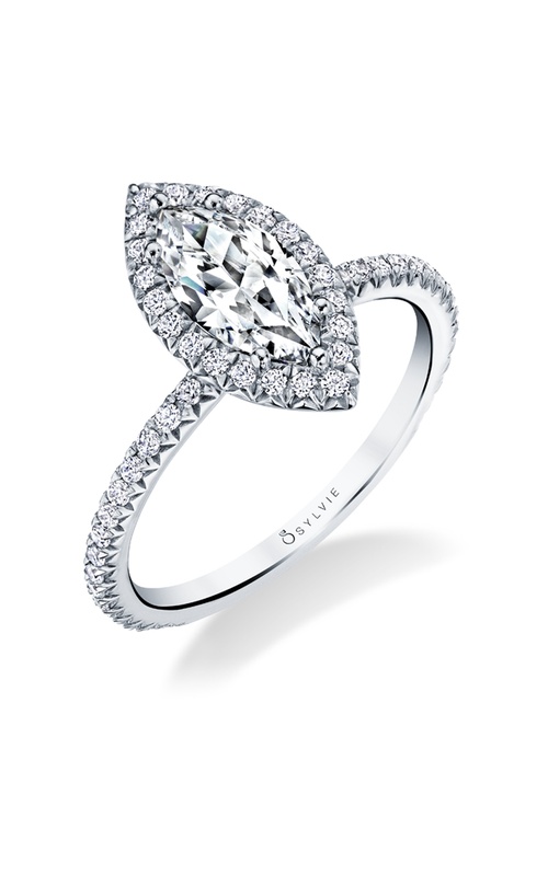 Marquise Shaped Pave Halo Diamond Engagement Ring with Pave Diamond Accented Band