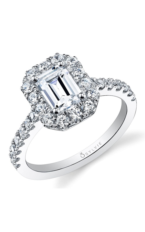 Sylvie Jacalyn Collection Emerald Halo Diamond Engagement Ring