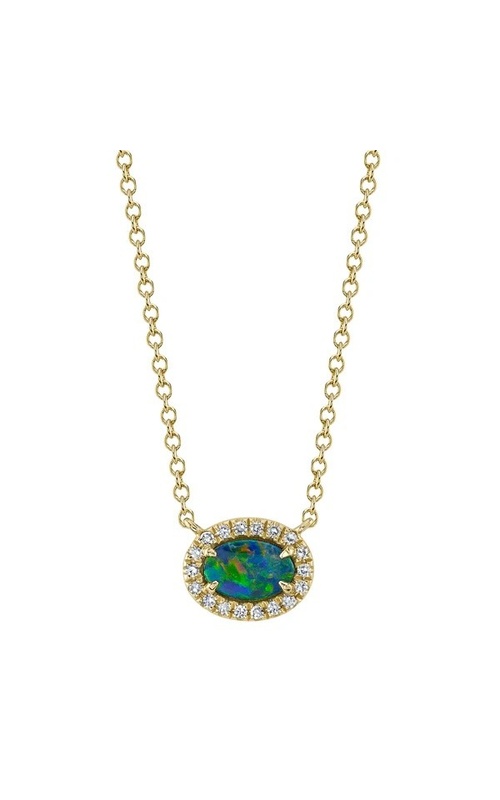 Shy Creation 14K Yellow Gold EastWest Oval Opal Pendant with Pav? Diamond Halo (0.33ct Gem, 0.05cttw Diamonds, Adjustable 18)